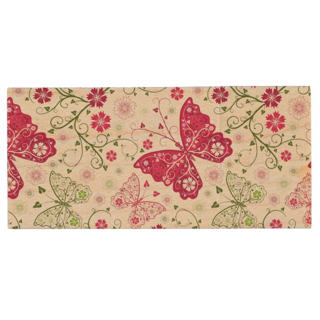 Floral White Pattern Wood Flash Drive (Front)