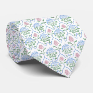 Floral white pink blue neck tie