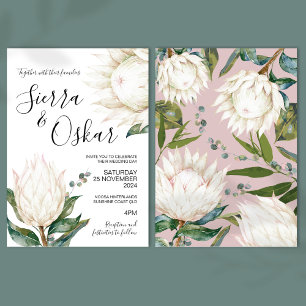 Floral White Protea Native Flowers Wedding Invitation