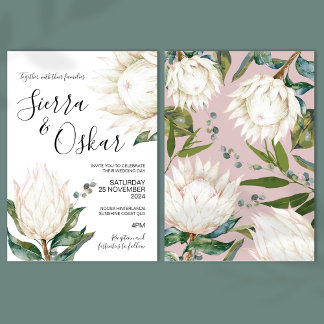 Floral White Protea Native Flowers Wedding Invitation