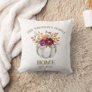 Floral White Pumpkin Autumn Fall Family Name Throw Pillow