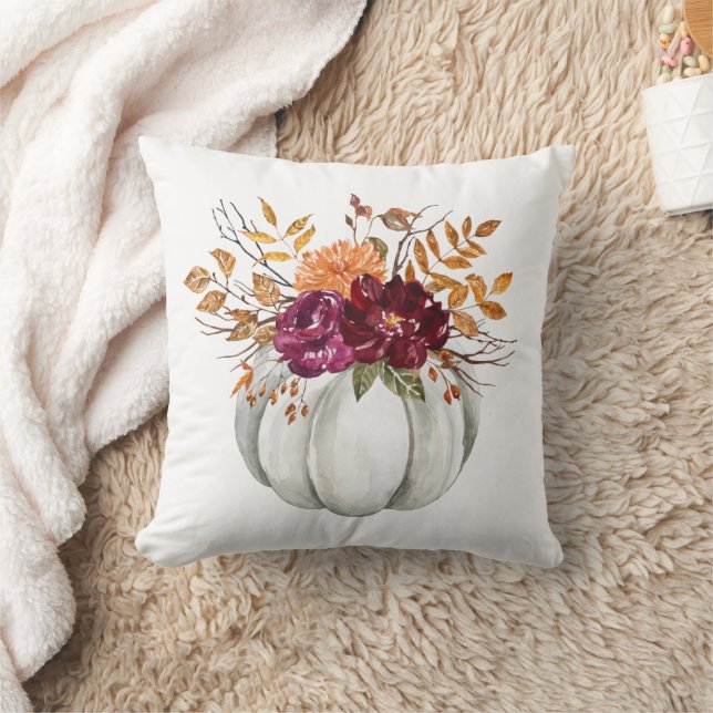 Floral White Pumpkin Autumn Fall Throw Pillow (Blanket)