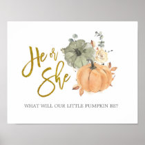 Floral White Pumpkin Gender Reveal He or She Poster