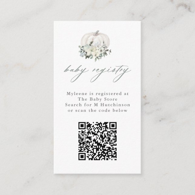 Floral White Pumpkin QR Code Baby Registry Enclosure Card (Front)