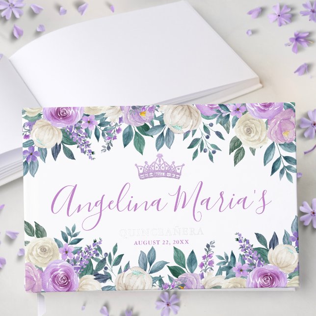 Floral White Purple Quinceanera Foil Guest Book (Floral White Purple Quinceanera Foil Guest Book)