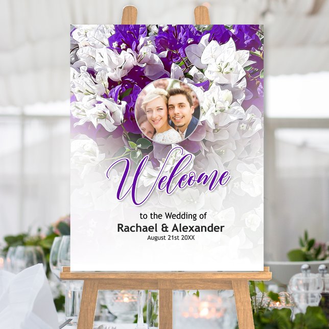 Floral White Purple Wedding Reception Welcome Sign (Creator Uploaded)