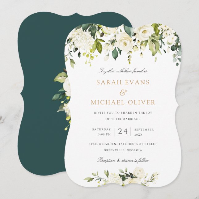 Floral White Romantic Greenery Elegant Wedding Invitation (Front/Back)