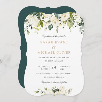 Floral White Romantic Greenery Elegant Wedding Invitation by HannahMaria at Zazzle