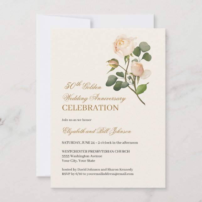 Floral White Rose Gold 50th Wedding Anniversary Invitation (Front)