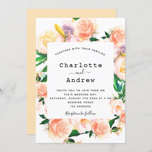 Floral white rose gold pink wedding invitation