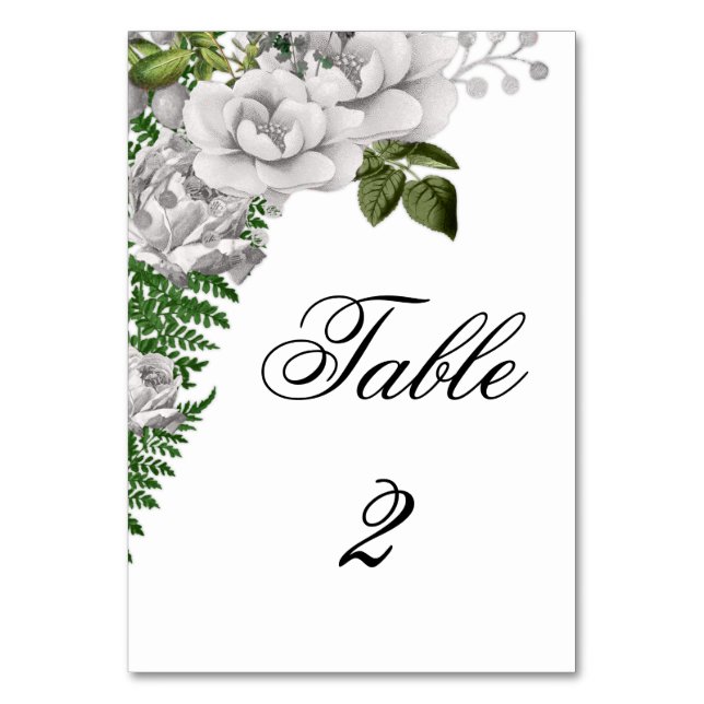 Floral White Roses and Ferns Wedding Table Number (Front)