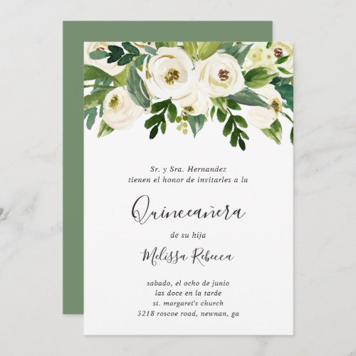 Floral White Roses Greenery Elegant Quinceaera Invitation