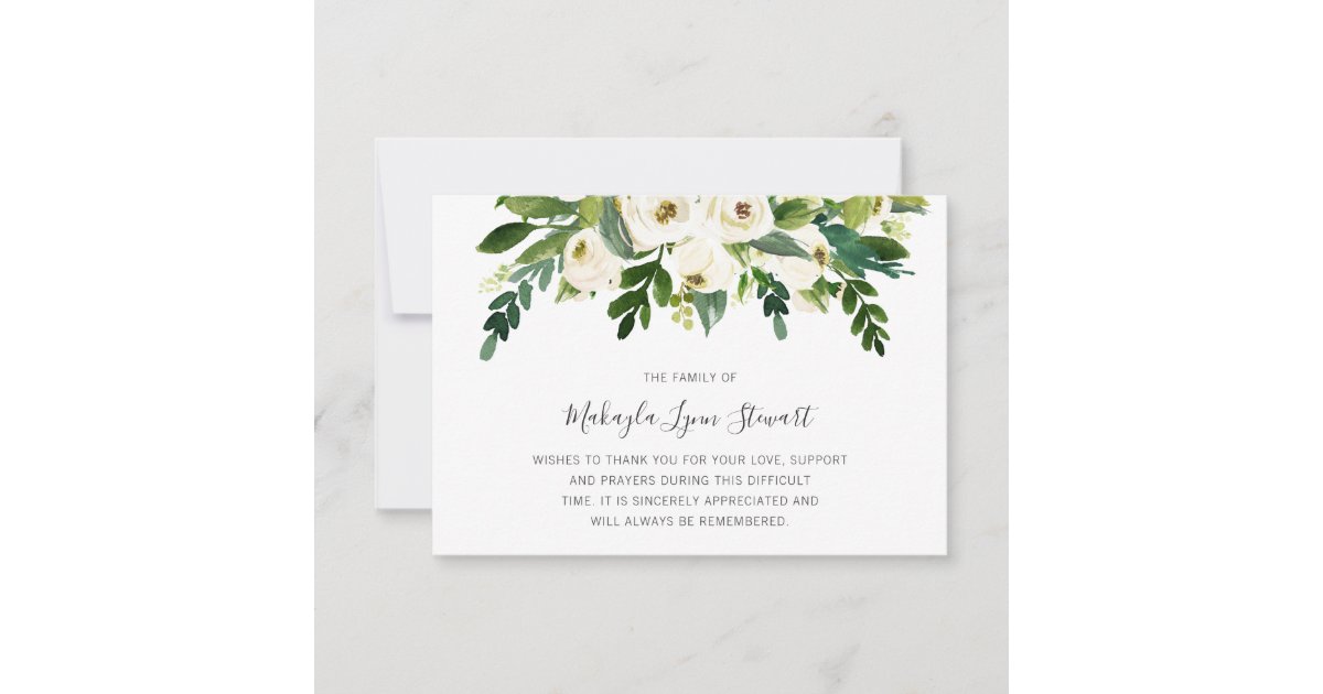 Floral White Roses Greenery Funeral Sympathy Thank You Card | Zazzle