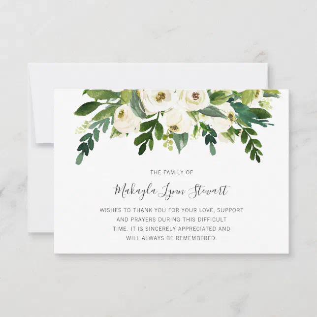 Floral White Roses Greenery Funeral Sympathy Thank You Card | Zazzle