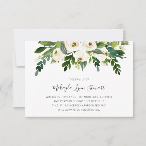 Floral White Roses Greenery Funeral Sympathy Thank You Card