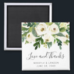 Floral White Roses Greenery Wedding Favor Magnet<br><div class="desc">Elegant floral wedding favor magnet featuring hand painted watercolor white roses and greenery along with "Love and Thanks" in a lovely handwritten script and your names and date below. These floral magnets are perfect for a garden wedding in the summer and make great wedding favors you guests will want to...</div>