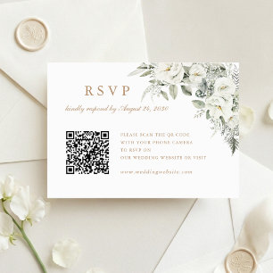 Floral White Sage Green Wedding QR Code RSVP Card