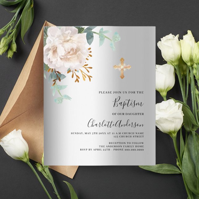 Floral white silver gold cross baptism invitation (Creator Uploaded)