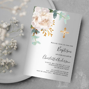 Floral white silver greenery cross baptism invitation