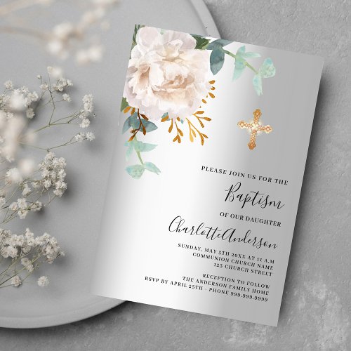 Floral white silver greenery cross baptism invitation