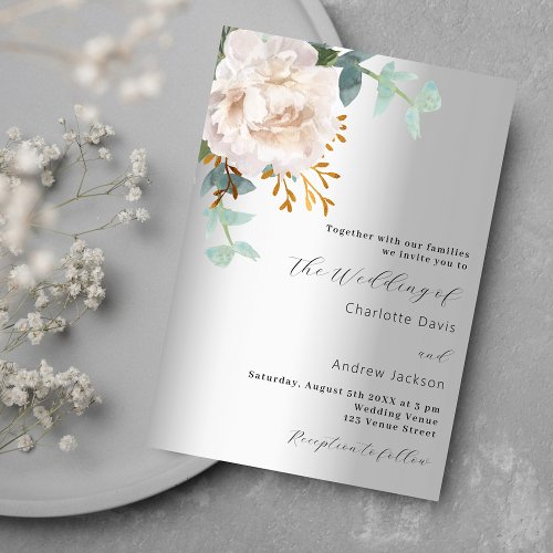 Floral white silver greenery luxury wedding invitation