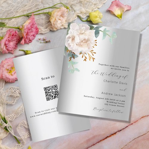 Floral white silver greenery QR code RSVP wedding Invitation