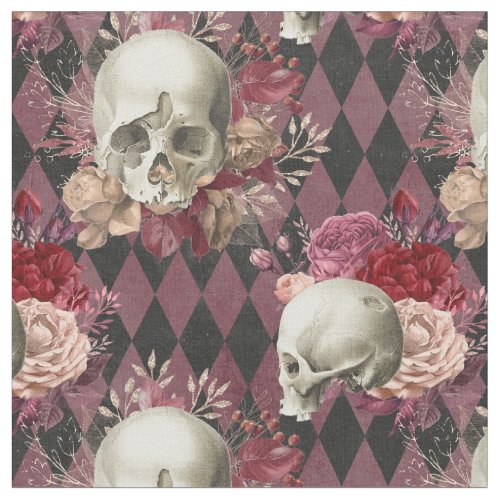 Floral White Skulls and Dark Pink Checkered Fabric