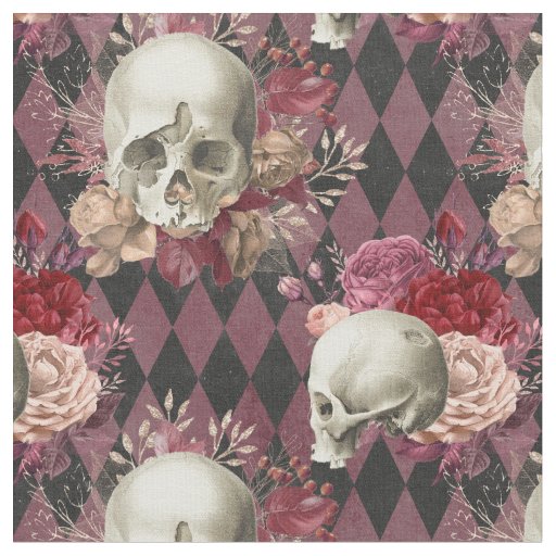 Floral White Skulls and Dark Pink Checkered Fabric