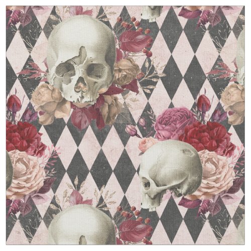 Floral White Skulls and Light Pink Checkered Fabric