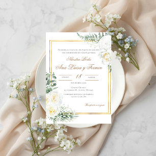 Floral White Spanish Wedding Invitation