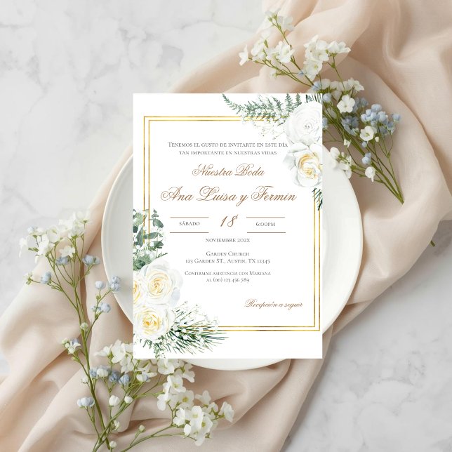 Floral White Spanish Wedding Invitation (Creator Uploaded)