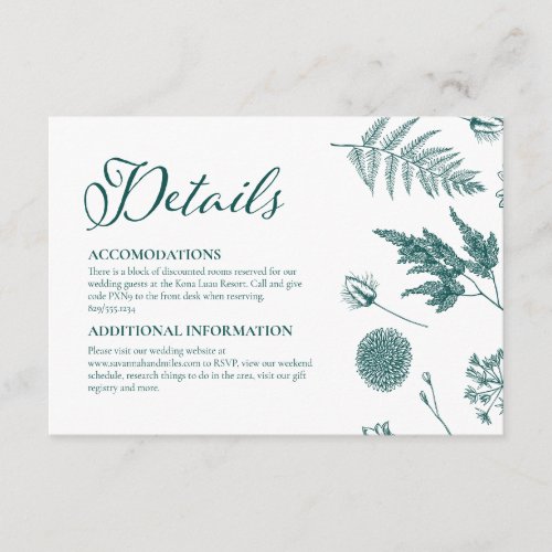 Floral White  Teal Green Wedding Details Enclosure Card