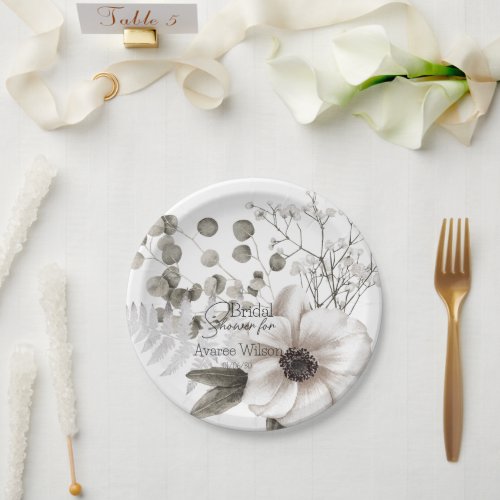 Floral  White Watercolor Bridal Shower   Paper Plates