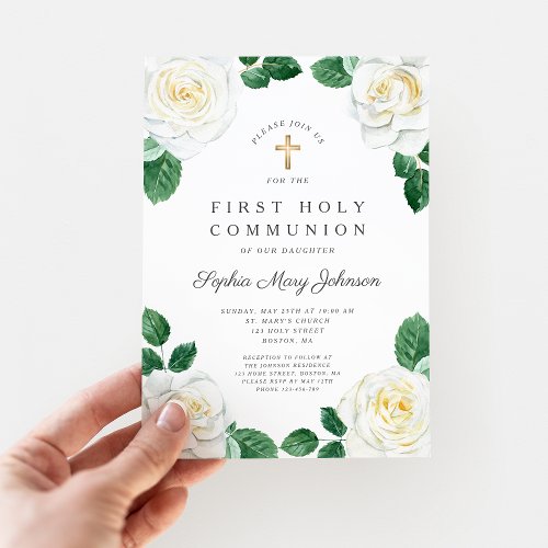 Floral White Watercolor Roses Girl First Communion Invitation