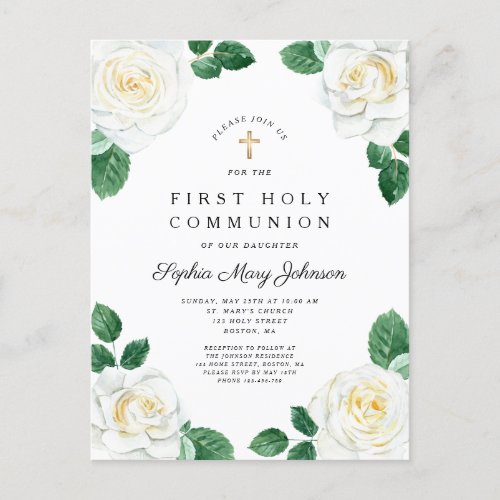 Floral White Watercolor Roses Girl First Communion Invitation Postcard