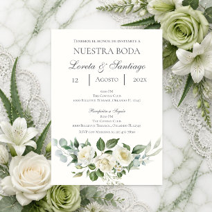 Floral White Wedding invite in Spanish
