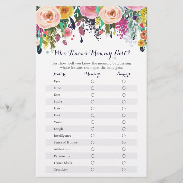 Floral Who Knows Mommy Best Baby Shower Game (Front)