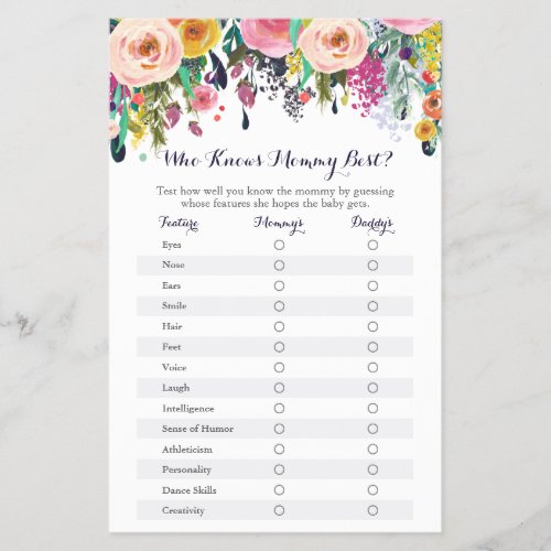 Floral Who Knows Mommy Best Baby Shower Game
