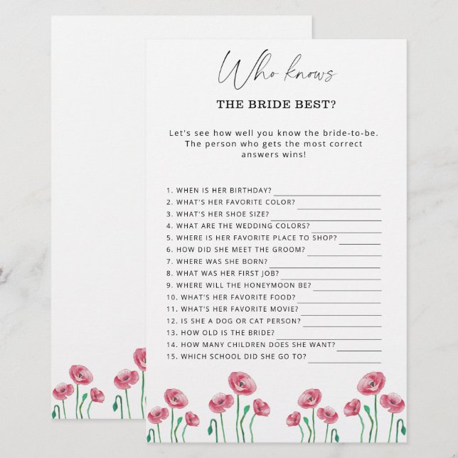 Floral Who knows the bride best game (Front/Back)