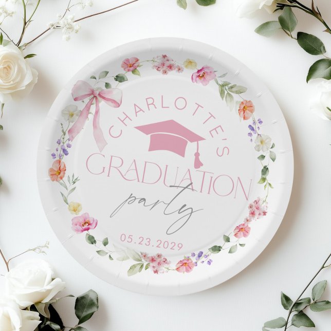 Floral Widflower Pink Bow Graduation party Paper Plates (Creator Uploaded)
