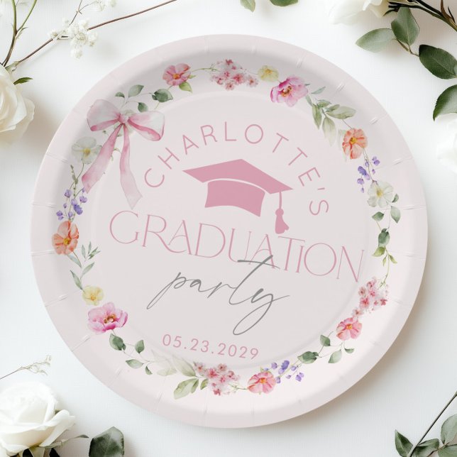 Floral Widflower Pink Bow Graduation party Paper Plates (Creator Uploaded)