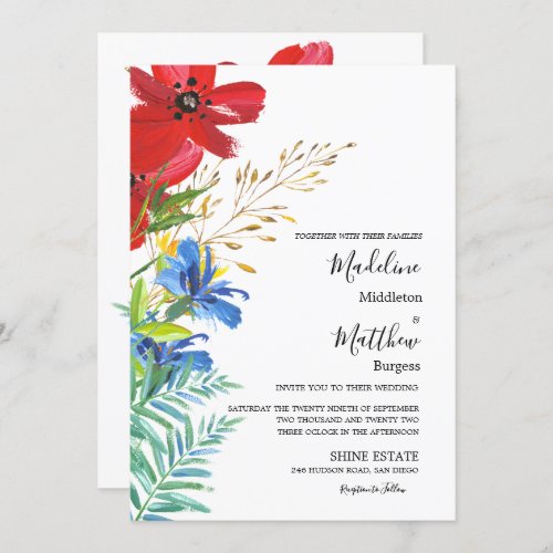 Floral Wild Field Flowers White Modern Wedding Invitation
