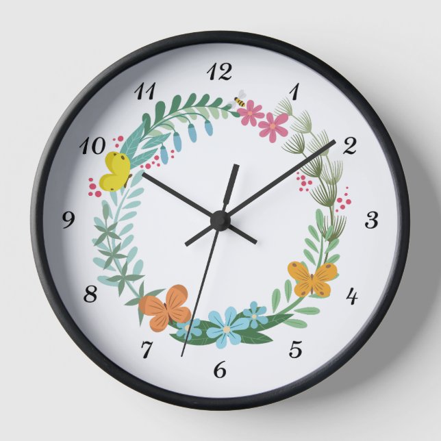 Floral Wild Flower Butterfly Bee Wreath Garland Clock (Front)