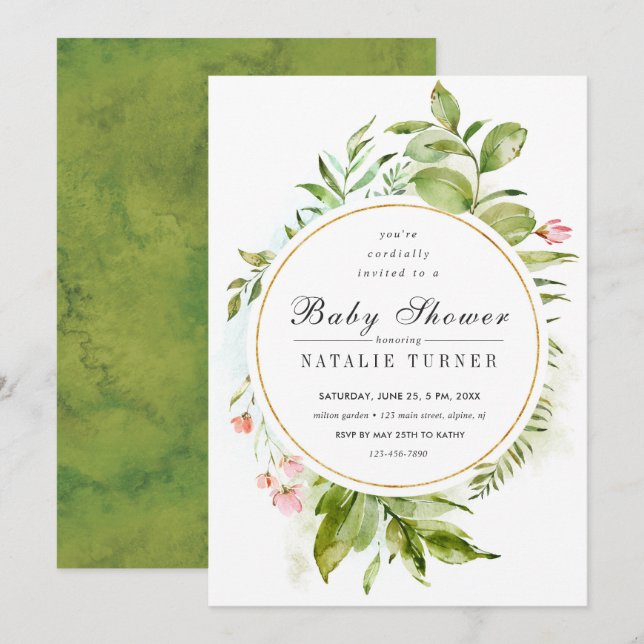 Floral Wild Green Foliage Baby Shower Invitation (Front/Back)