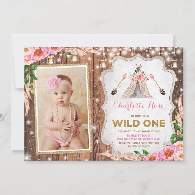 Floral Wild One 1st Birthday Rustic Teepee Party Invitation (Front)