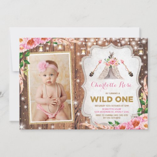 Floral Wild One 1st Birthday Rustic Teepee Party Invitation
