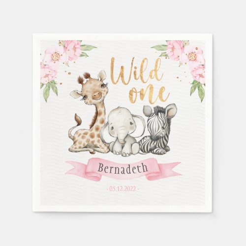 Floral Wild One Baby Animals 1st Birthday Party Napkins