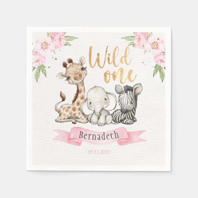 Floral Wild One Baby Animals 1st Birthday Party Napkins (Front)