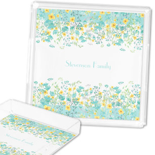 Floral Wildflower Aqua Blue Yellow Family Name Acrylic Tray