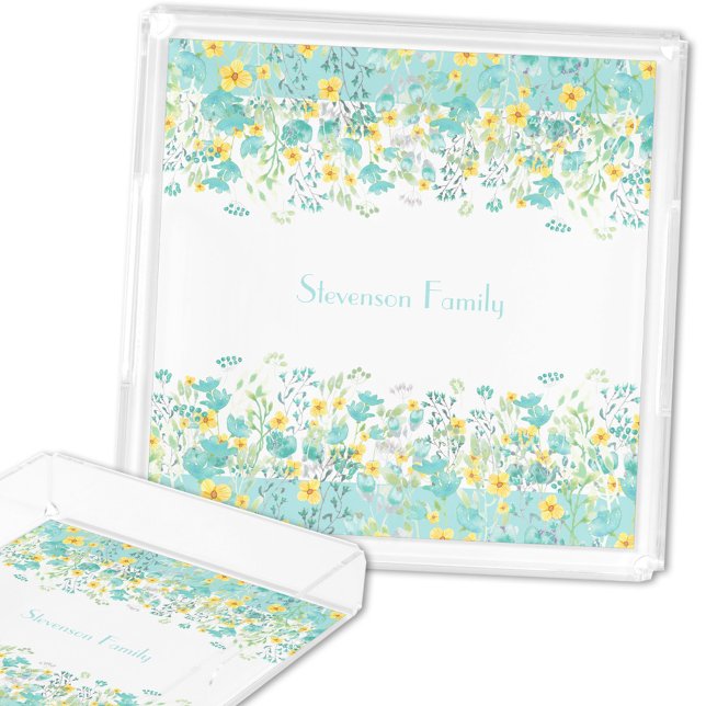 Floral Wildflower Aqua Blue Yellow Family Name Acrylic Tray (Floral Wildflower Aqua Blue Yellow Family Name Acrylic Tray)